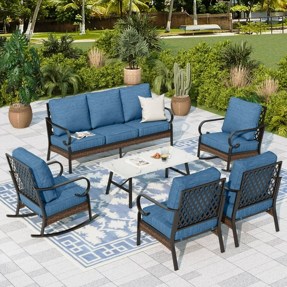 Sophia & William 7 Seat Patio Conversation Set,Outdoor Furniture Set with Rocking Chairs & Fixed Chairs, Pacific Blue