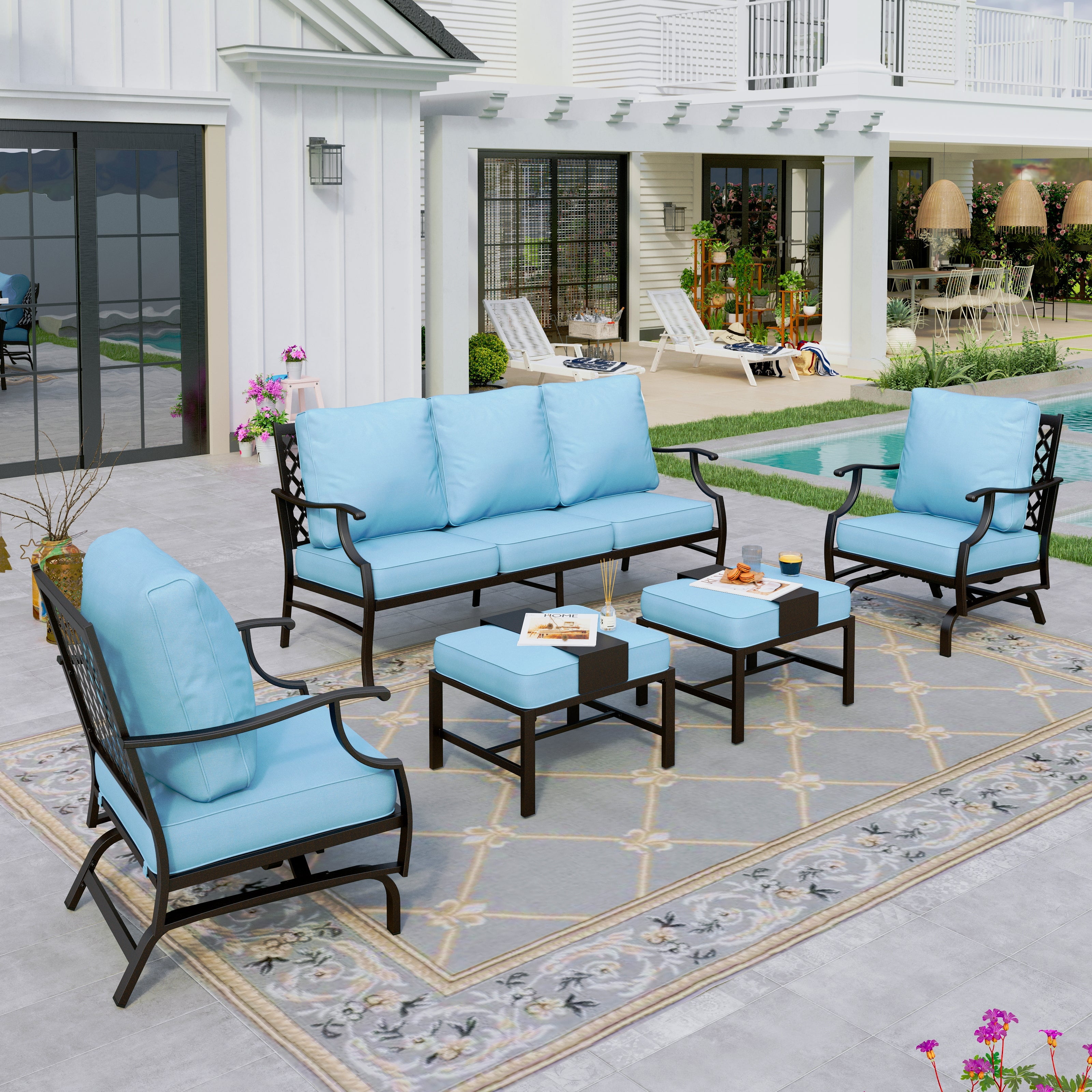 Sophia&William 5Pcs Patio Furniture Set Outdoor Metal Conversation Set with Ottomans & Rocking Chairs & 5.75" Thickened Cushions for Backyard, Deck, Blue