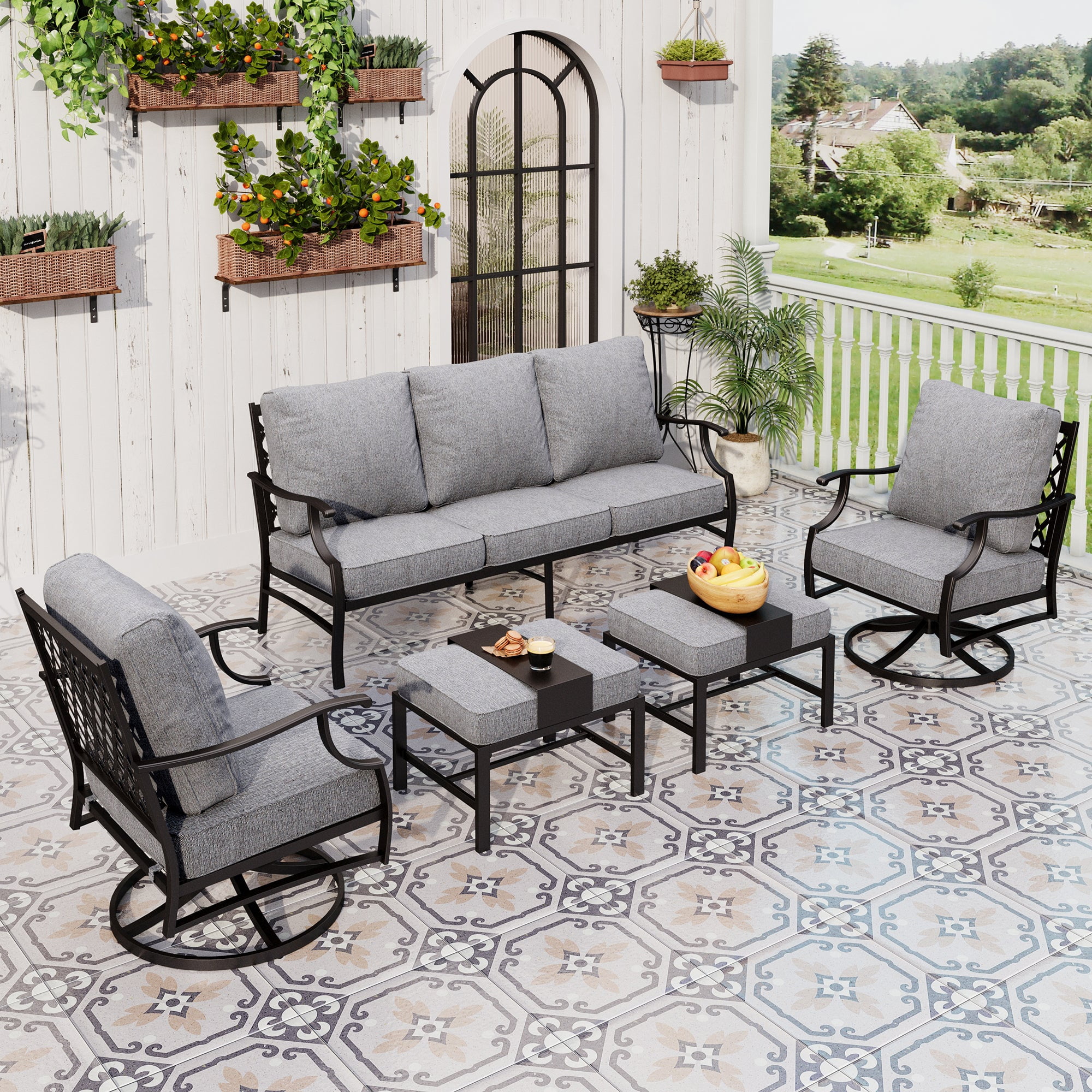 Sophia&William 7 Seat Patio Conversation Set Outdoor Furniture Sets with 3 Seater Sofa, 2 Swivel Chairs, 2 Ottomans and 5.75" Extra Thick Cushion for Backyard, Gray