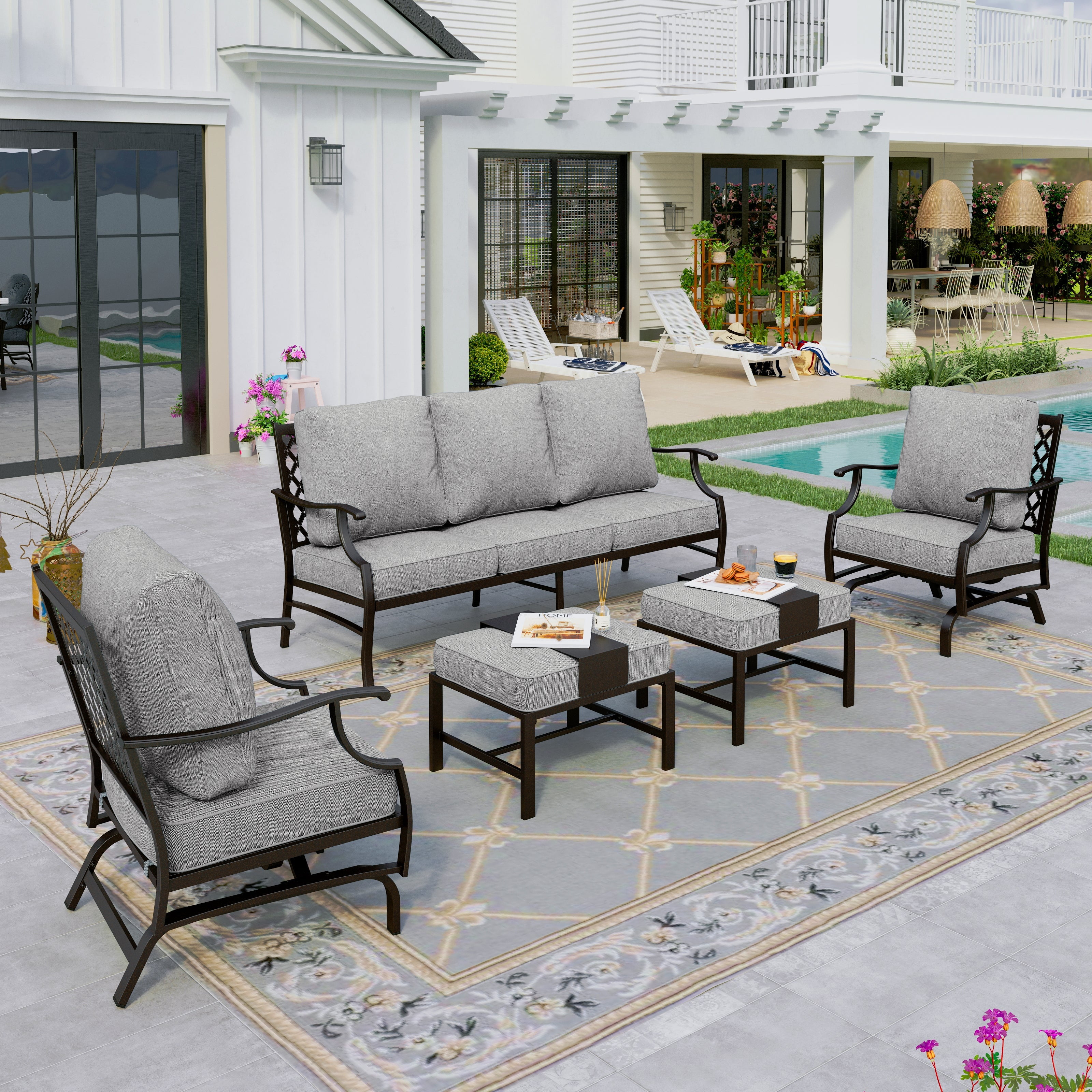 Sophia&William 5Pcs Patio Furniture Set Outdoor Metal Conversation Set with Ottomans & Rocking Chairs & 5.75" Thickened Cushions for Backyard, Deck, Gray