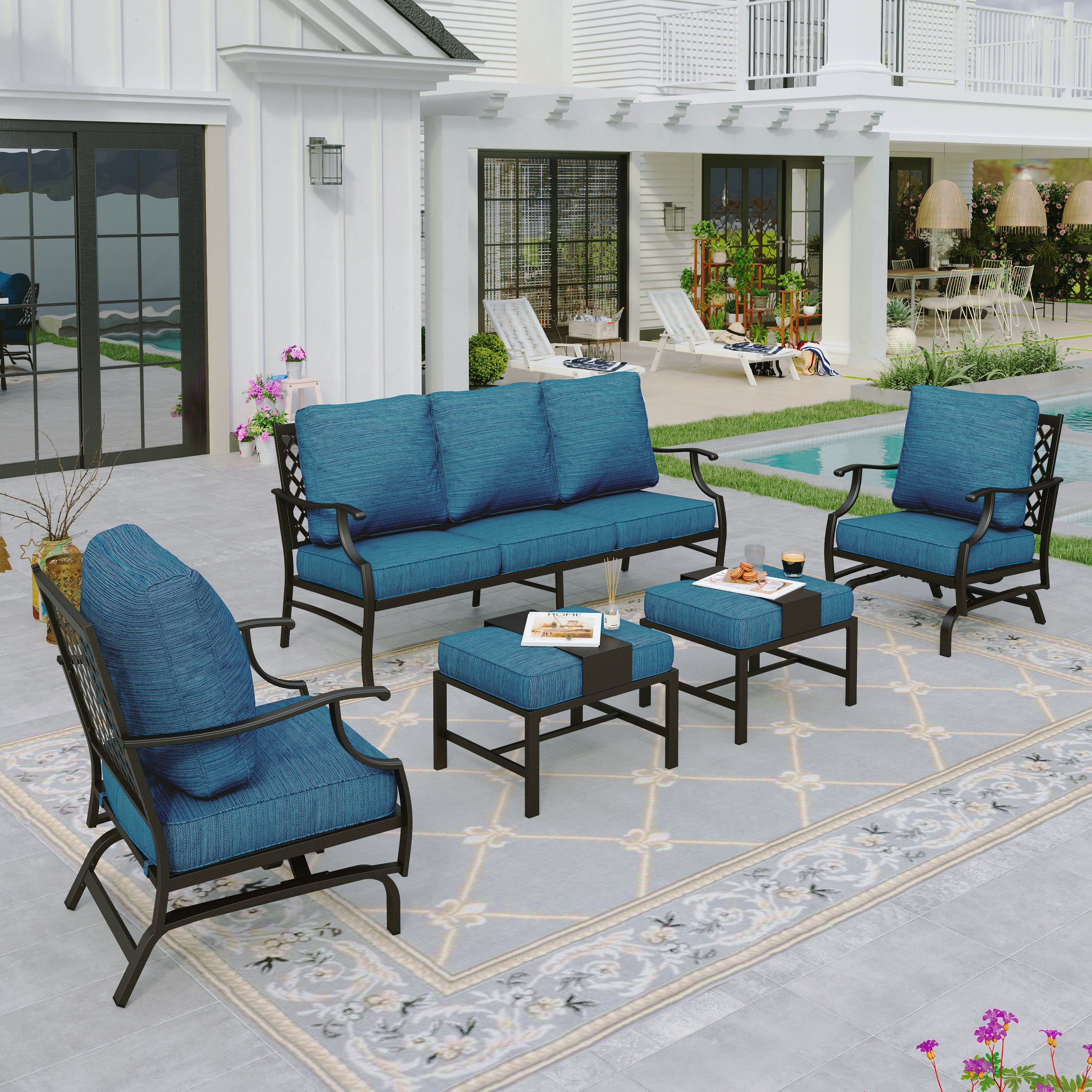Sophia&William 7 Seat Patio Conversation Set Outdoor Sofa Furniture Set with Ottomans, Pacific Blue
