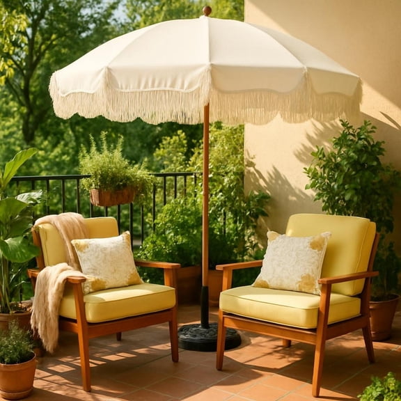 Alpha Joy 7FT Outdoor Parasol Beach Umbrella Fiberglass Ribs Umbrella with Tassel, Ivory