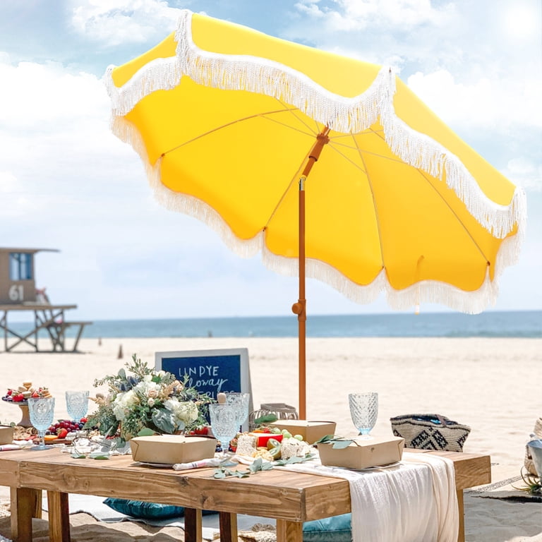 7ft yellow patio umbrella Alpha Joy 7FT Outdoor Parasol Beach Umbrella Fiberglass Ribs Umbrella with Tassel, Yellow, Size: 7'