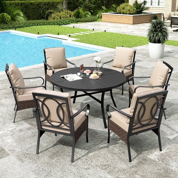 Sophia & William 7Pcs Outdoor Patio Dining Set Metal Cushioned Chairs and 54" Round Table Furniture Set for 6-Person, Beige