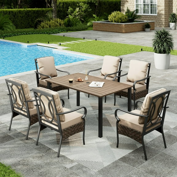 Sophia & William 7Pcs Outdoor Patio Dining Set Metal Cushioned Chairs and Wood-grain Table Furniture Set for 6,Beige