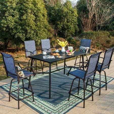 Sophia & William 7Pcs Outdoor Patio Bar Set Patio Textilene Bar Stoos Swivel Chairs & Height Table Furniture Bistro Set for 6, Blue