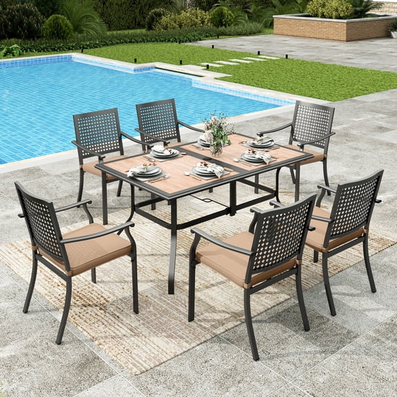 Sophia&William 7Pcs Patio Dining Set Outdoor Metal Padded Cushioned Chairs and Rectangular Wooden-like Tabletop Table Furniture Sets for 6