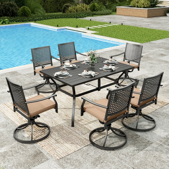 Sophia&William 7Pcs Patio Dining Set Outdoor Metal Padded Swivel Chairs and Rectangular Table Furniture Sets with 3.2" Thick Beige Cushionfor 6