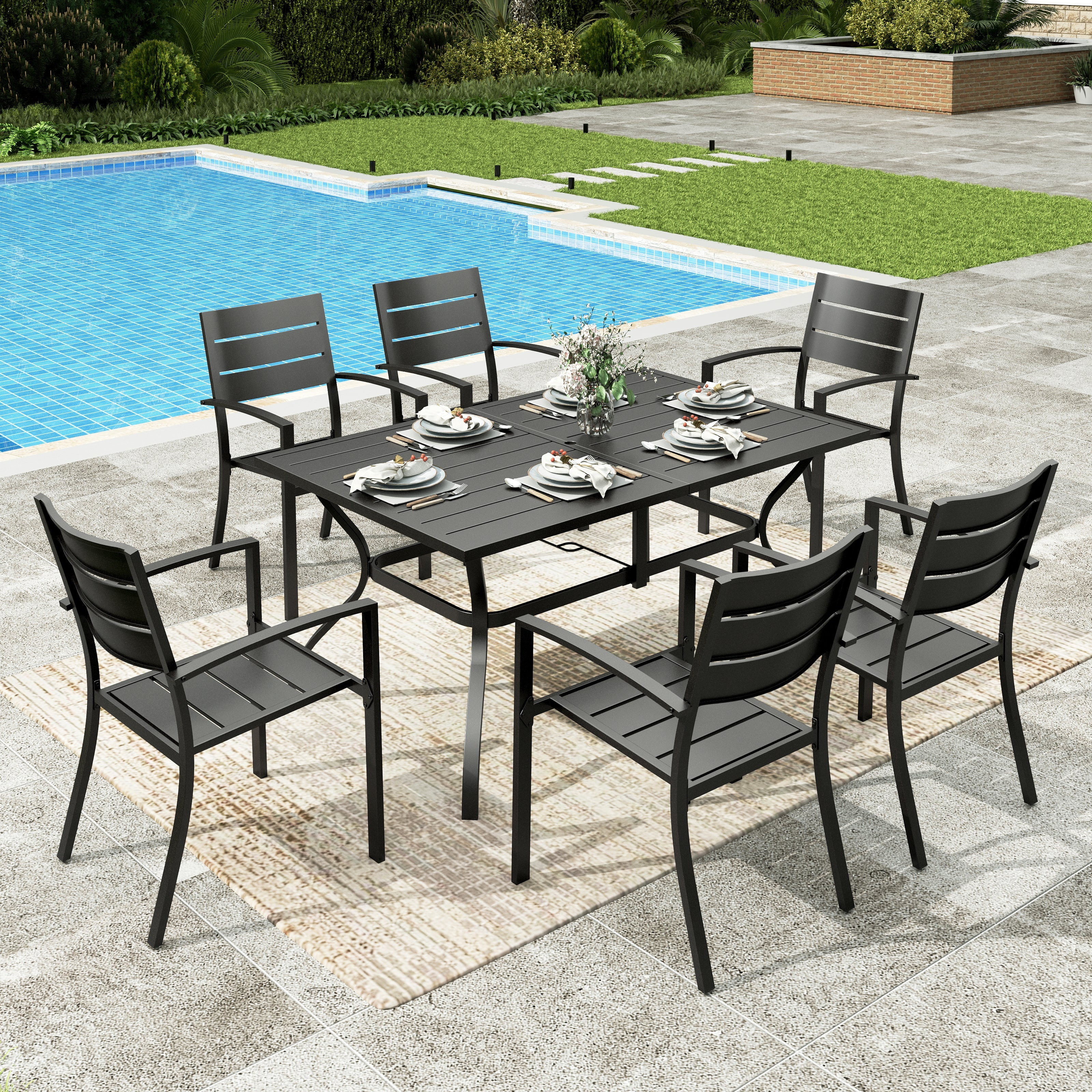 Sophia&William 7Pcs Patio Dining Set Outdoor Metal Stackable Chairs and Rectangular Table Furniture Sets for 6