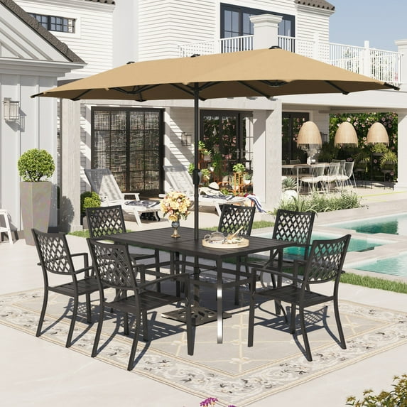 Sophia & William 8-Piece Outdoor Dining Set with 13 ft Double Sided Beige Umbrella, Patio Table & Metal Chairs for 6