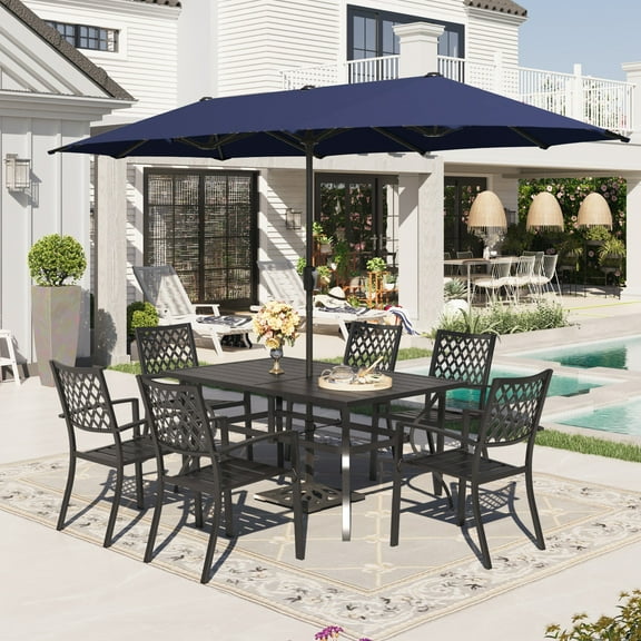 Sophia & William 8-Piece Outdoor Dining Set with 13 ft Double Sided Navy Umbrella, Patio Table & Stackable Chairs for 6