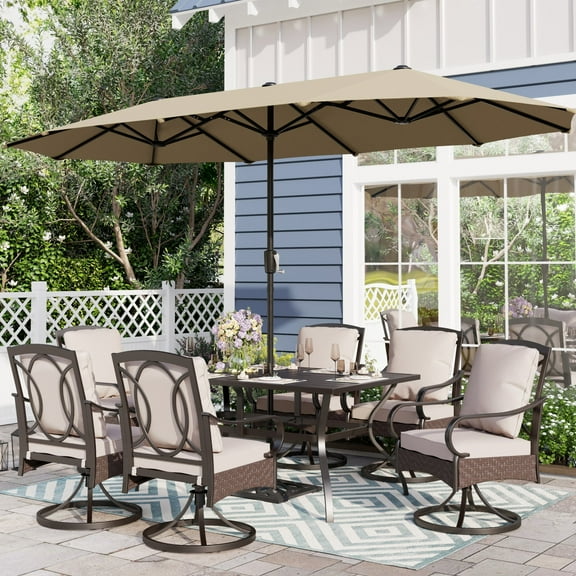 Sophia & William 8-Piece Outdoor Patio Dining Set with 13 ft Beige Umbrella, Swivel Chairs & Rectangle Table for 6