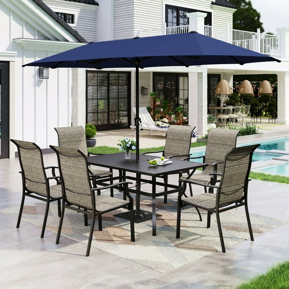 Sophia & William 8-Piece Outdoor Patio Dining Set with 13 ft Navy Blue Umbrella, Padded Textilene Chairs & Rectangle Table for 6