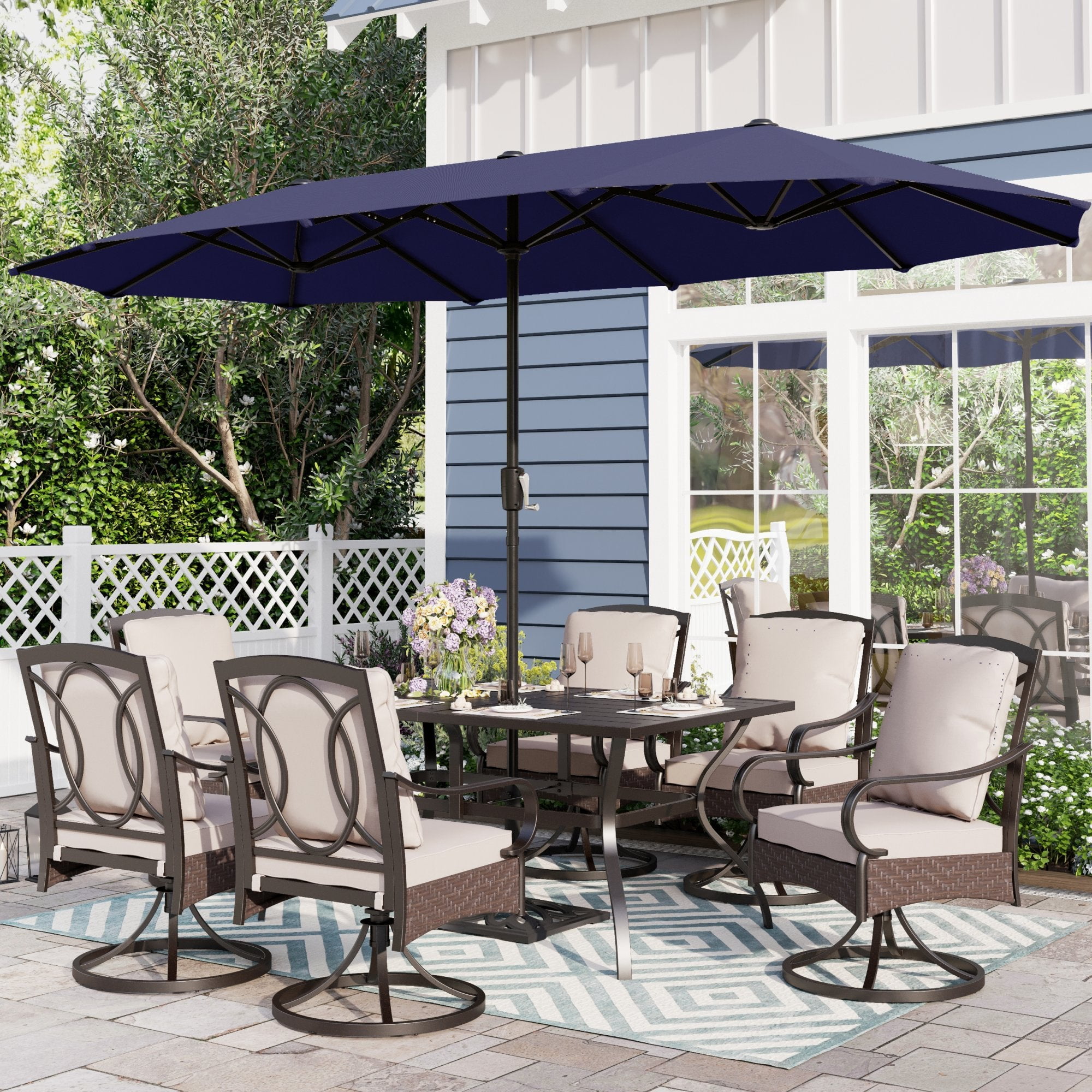 lowes patio dining set with umbrella SERWALL 8-Pc HDPE Set, 1 Table, 1 & 6 Chairs, Black Create a stylish and comfortable outdoor dining space with this premium patio dining set designed for both durability and relaxation Umbrella Hole 8-Person Patio Dining