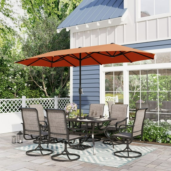 Sophia & William 8-Piece Outdoor Patio Dining Set with 13 ft Orange Red Umbrella, Rectangle Table & Textilene Chairs for 6