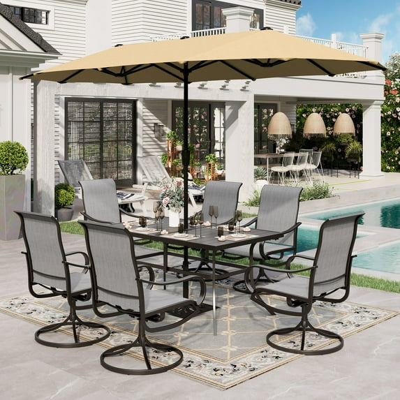 Sophia & William 8-Piece Outdoor Patio Dining Set with 13ft Beige Umbrella, Rectangle Table & Padded Textilene Chairs Furniture Set, Gray