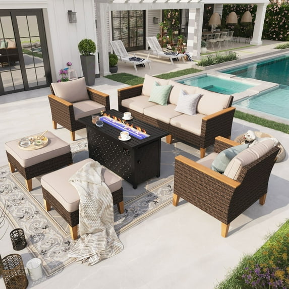 Sophia & William 8 Piece Outdoor Wicker Patio Conversation Sofa Set with Fire Pit Table