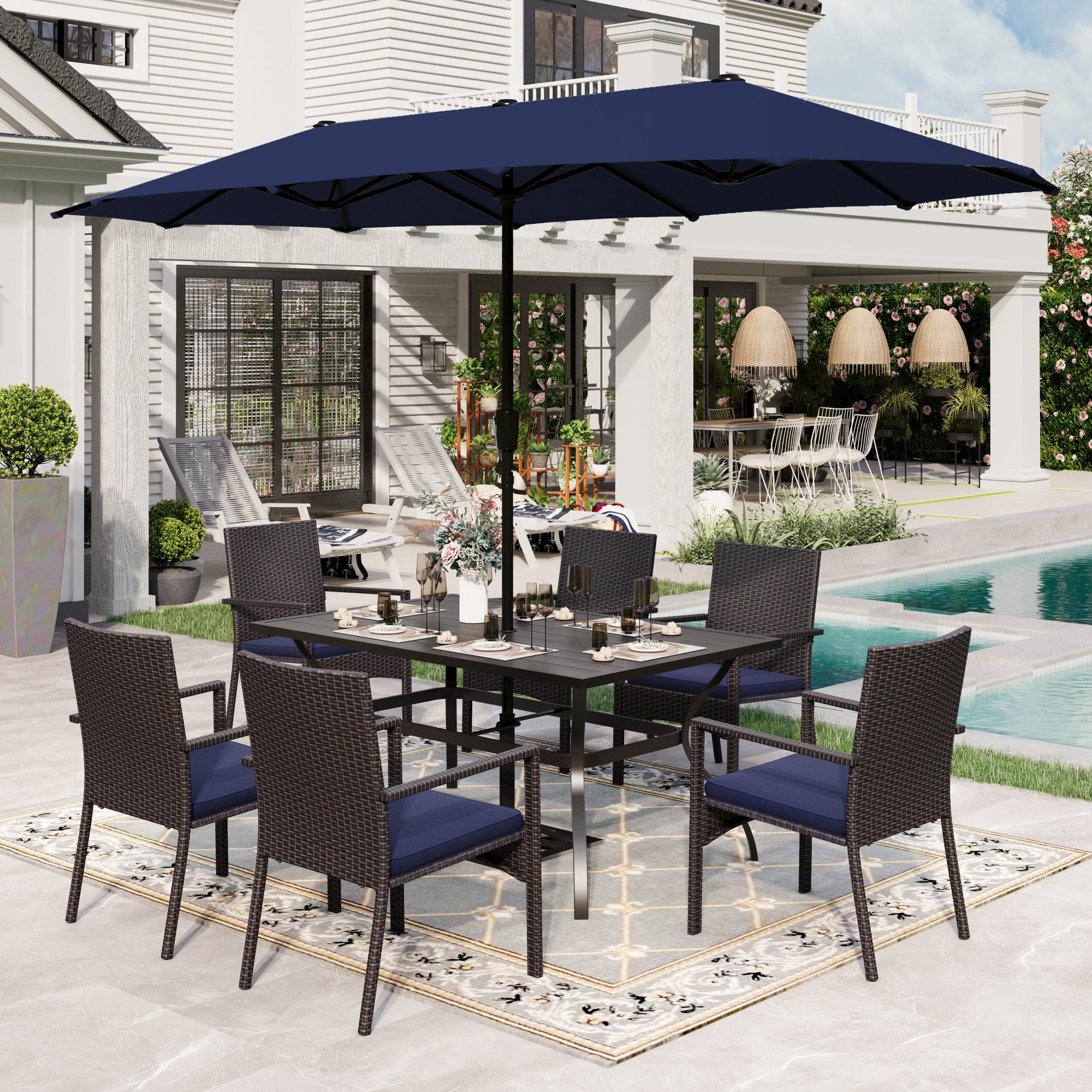 Sophia & William 8-Piece Patio Dining Set with 13ft Navy Umbrella ...