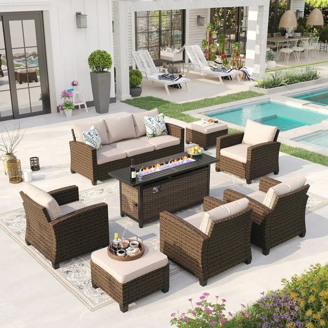 Sophia & William 8 Pieces Wicker Patio Conversation Set with Fire Pit Table