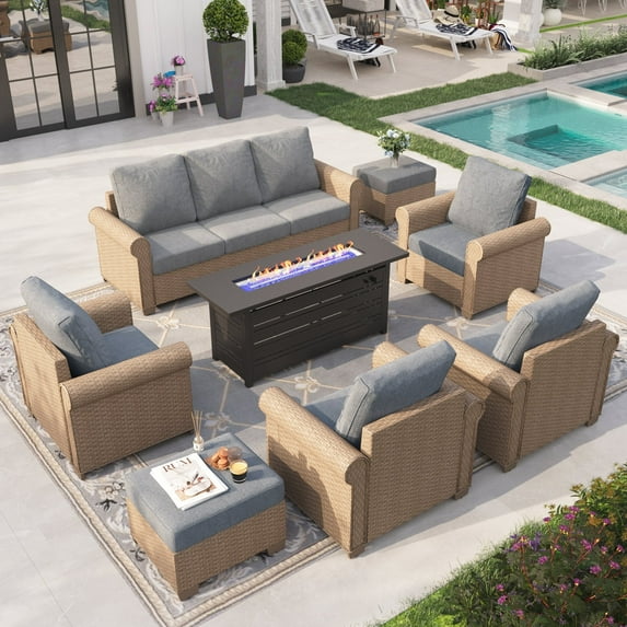 Sophia & William 8 Pieces Wicker Patio Furniture Set 9-Seat Outdoor Cushioned Conversation Set with Fire Pit Table, Gray