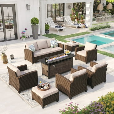 Sophia & William 8 Pieces Wicker Patio Furniture Set 9-Seat Outdoor Conversation Set with 56" Fire Pit Table, Beige