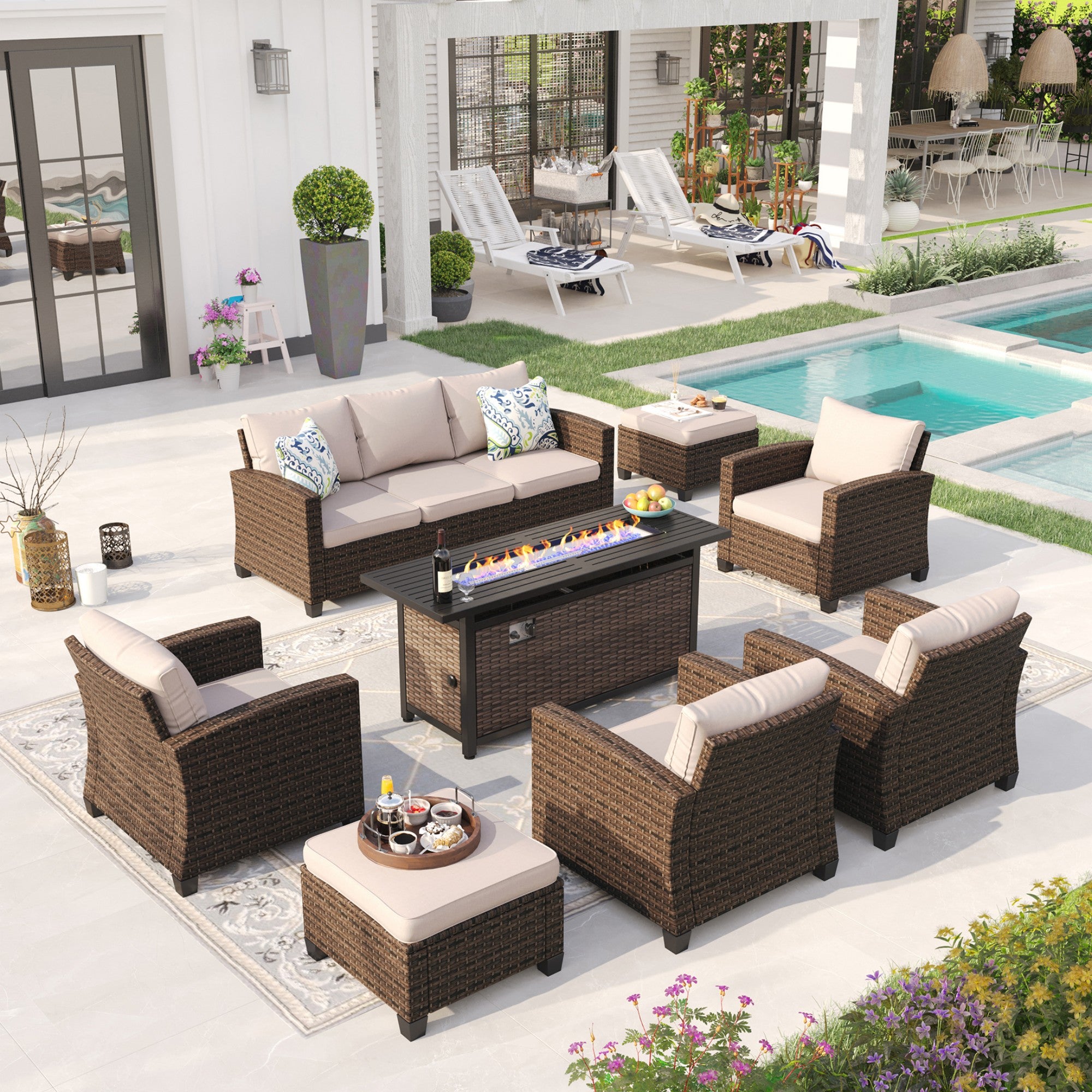 Sophia & William 8 Pieces Wicker Patio Furniture Set 9-Seat Outdoor Conversation Set with 56" Fire Pit Table, Beige - image 1 of 10
