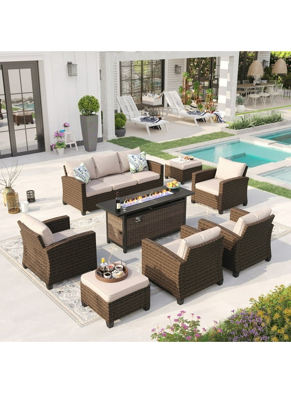 Sophia & William 8 Pieces Wicker Patio Furniture Set 9-Seat Outdoor Conversation Set with 56" Fire Pit Table, Beige