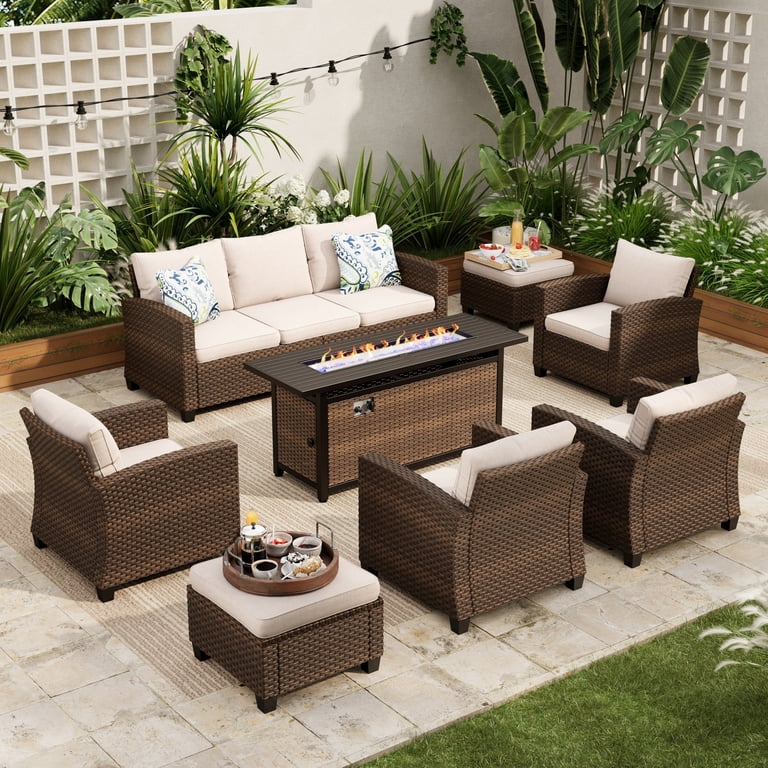 8-Piece Wicker Patio Set with Fire Pit Table, Outdoor Seating