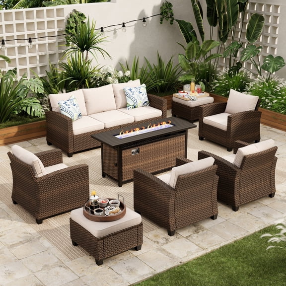 Sophia & William 8 Pieces Wicker Patio Furniture Set with 56" Fire Pit Table 9-Seat Outdoor Conversation Set , Beige