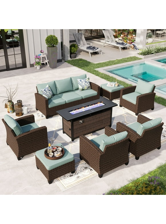 Sophia & William 8 Pieces Wicker Patio Furniture Set 9-Seat Outdoor Conversation Set with 56" Fire Pit Table, Blue