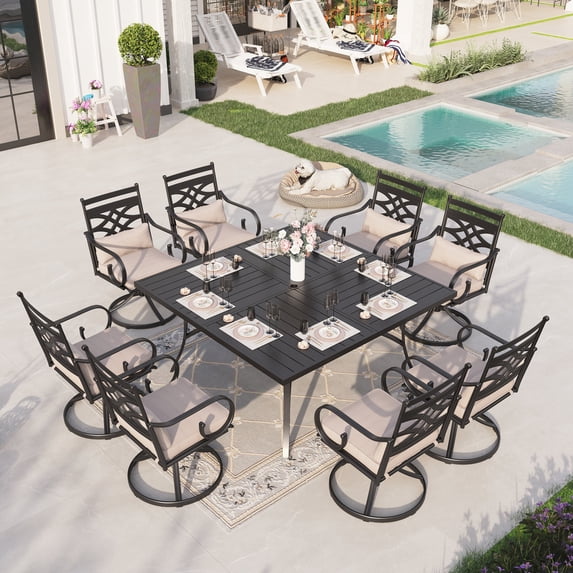 Sophia & William 9 Piece Outdoor Metal Patio Dining Set 57.5" Square Table and Swivel Chairs Furniture Set for 8, Beige