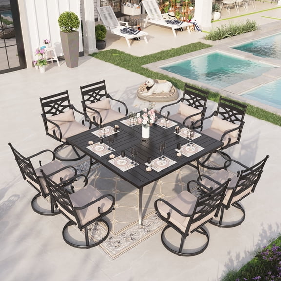 Sophia & William 9 Piece Outdoor Metal Patio Dining Set 57.5" Square Table and Swivel Chairs Furniture Set for 8, Beige