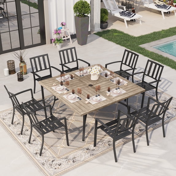 Sophia & William 9 Piece Outdoor Metal Patio Dining Set 57.5" Wooden-like Square Table and Stackable Chairs Furniture Set for 8, Brown