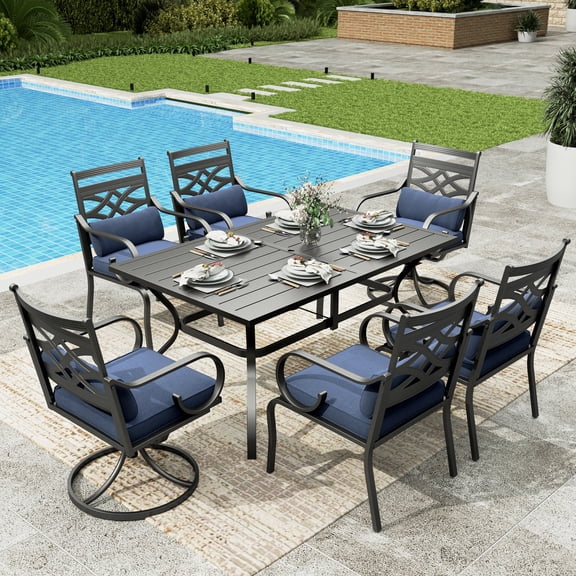Sophia & William 9 Piece Outdoor Patio Dining Set 60" Square Table and Metal Cushioned Chairs Furniture Set for 8, Navy Blue