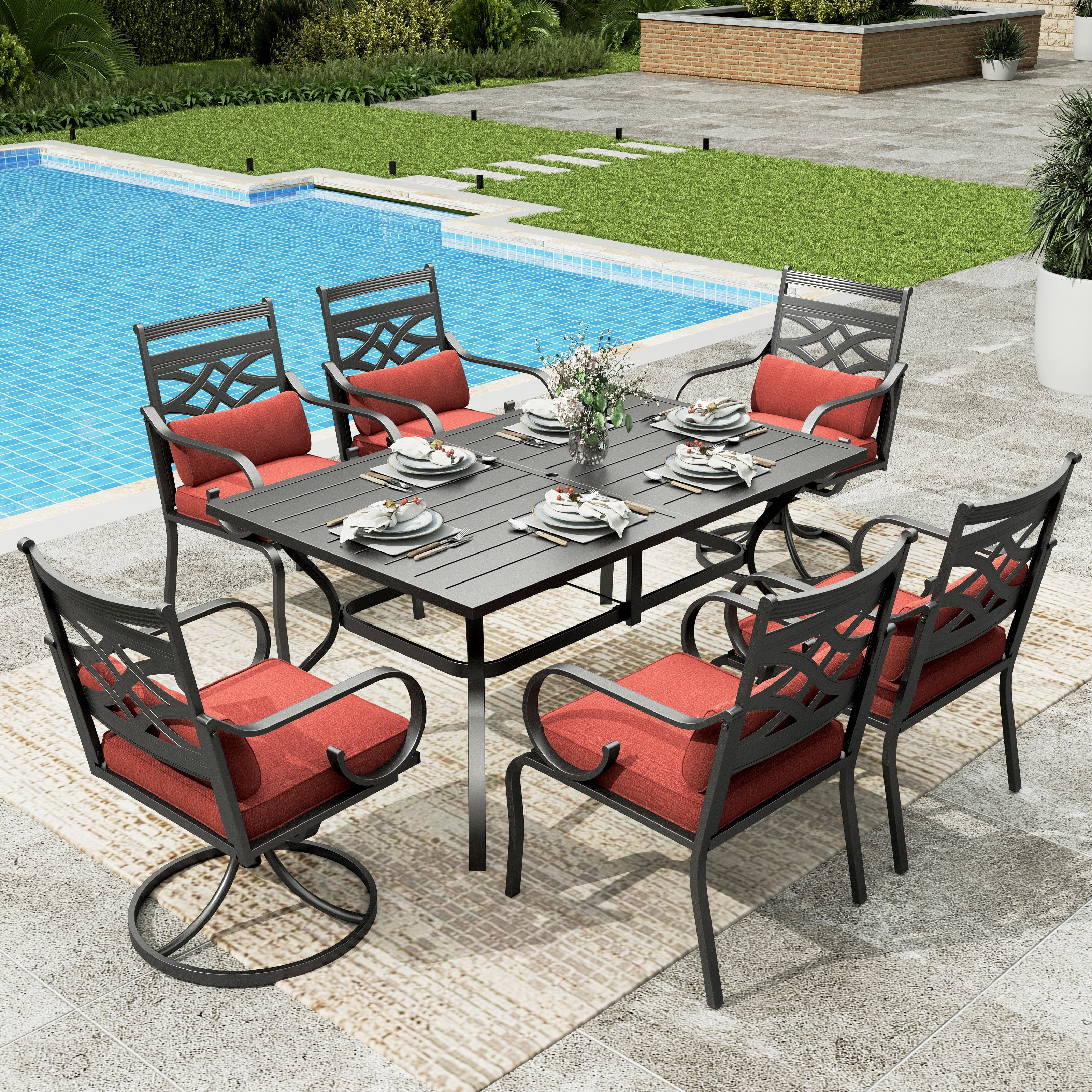 Sophia & William 9 Piece Outdoor Patio Dining Set 60" Square Table and Metal Cushioned Chairs Furniture Set for 8, Red