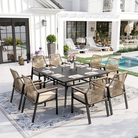 Sophia & William 9-Piece Outdoor Patio Dining Set Metal Rattan Chairs and Large Steel Square Table