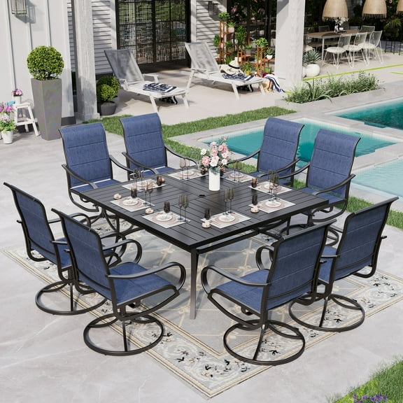 Sophia & William 9 Piece Outdoor Patio Dining Set Padded Textilene Chairs and 57.5" Square Table Furniture Set for 8, Blue