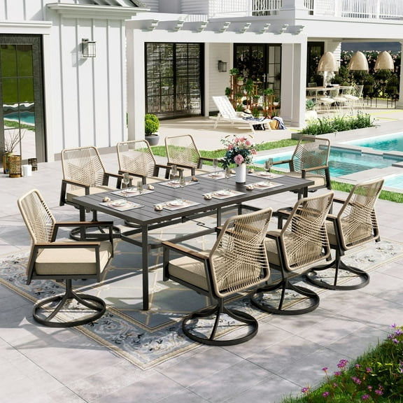 Sophia & William 9-Piece Outdoor Patio Dining Set Swivel Metal Wicker Chairs and Rectangle Steel Table