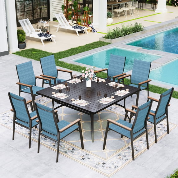 Sophia&William 9-Piece Outdoor Patio Dining Set Aluminum Stackable Chairs & 60" Square Metal Table Furniture Set for 8, Blue