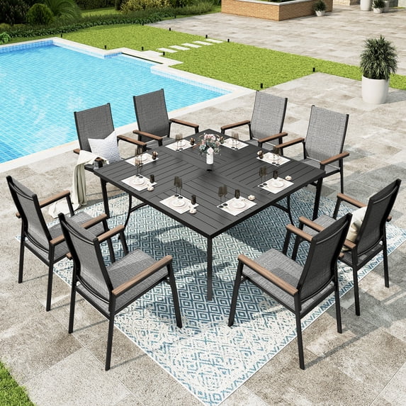 Sophia&William 9-Piece Aluminum Outdoor Patio Dining Set Stackable Textilene Chairs & 60" Square Metal Table Furniture Set, Gray