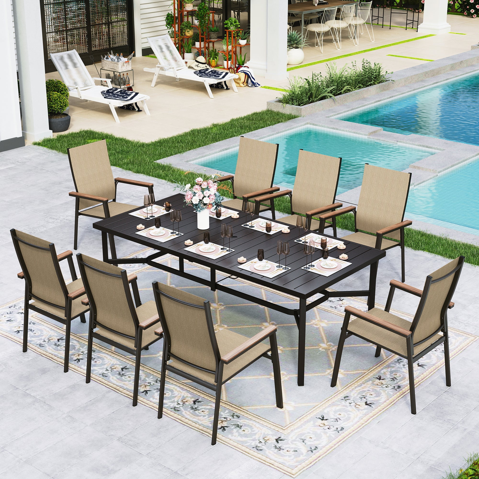 Sophia&William 9-Piece Aluminum Outdoor Patio Dining Set Textilene Stackable Chairs & 83" Metal Table Furniture Set, Beige