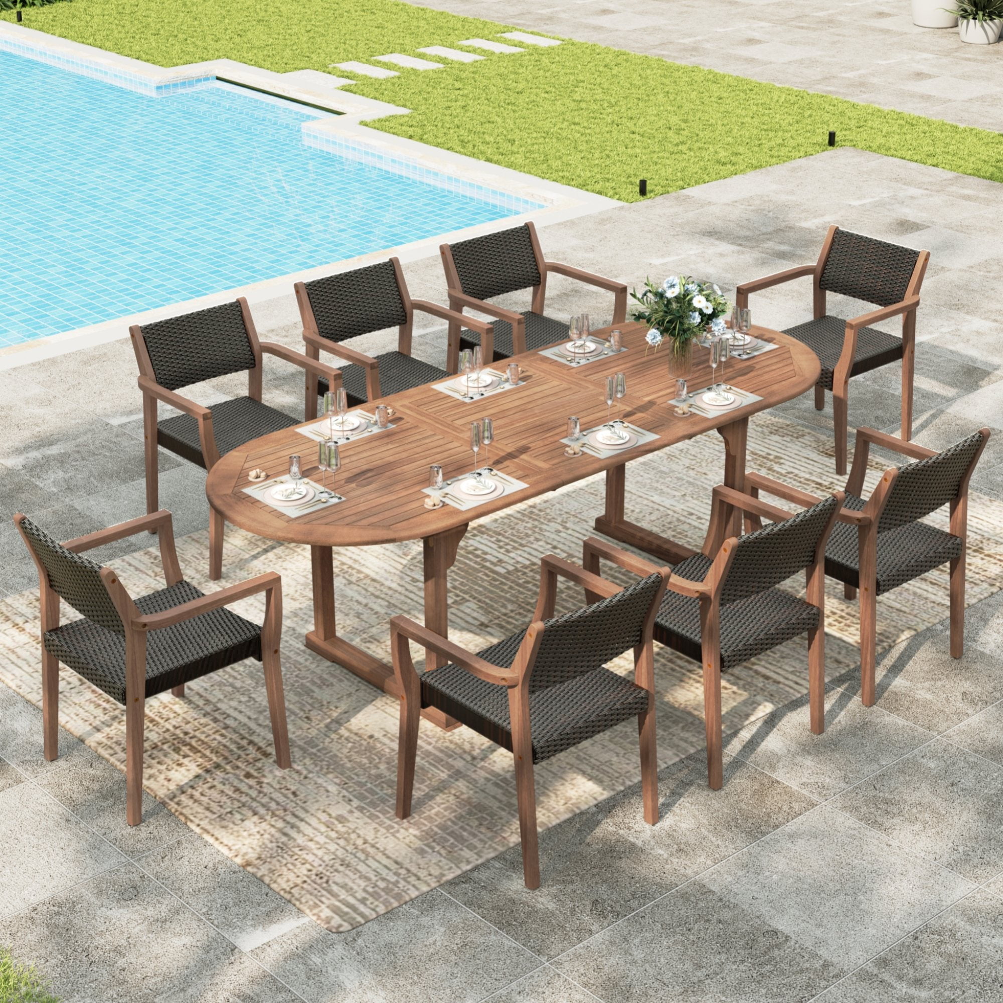 Alpha Joy 9-Piece Outdoor Wooden Dining Set, Wicker Rattan Chairs, Extendable Acacia Table, Dark Brown