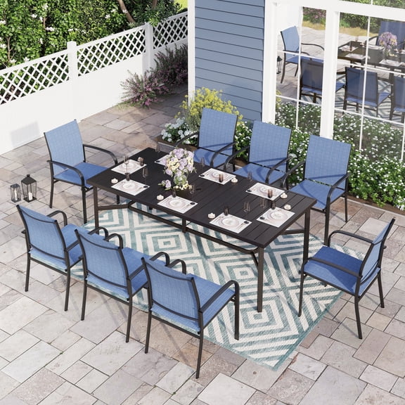 Sophia & William 9-Piece Outdoor Patio Dining Set Metal Steel Rectangular Table Set with 8 Textilene Chairs, Blue