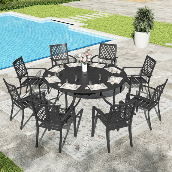 Sophia & William 9 Piece Outdoor Patio Dining Sets Metal 67" Round Table and Stackable Stackable Chairs Set for 8
