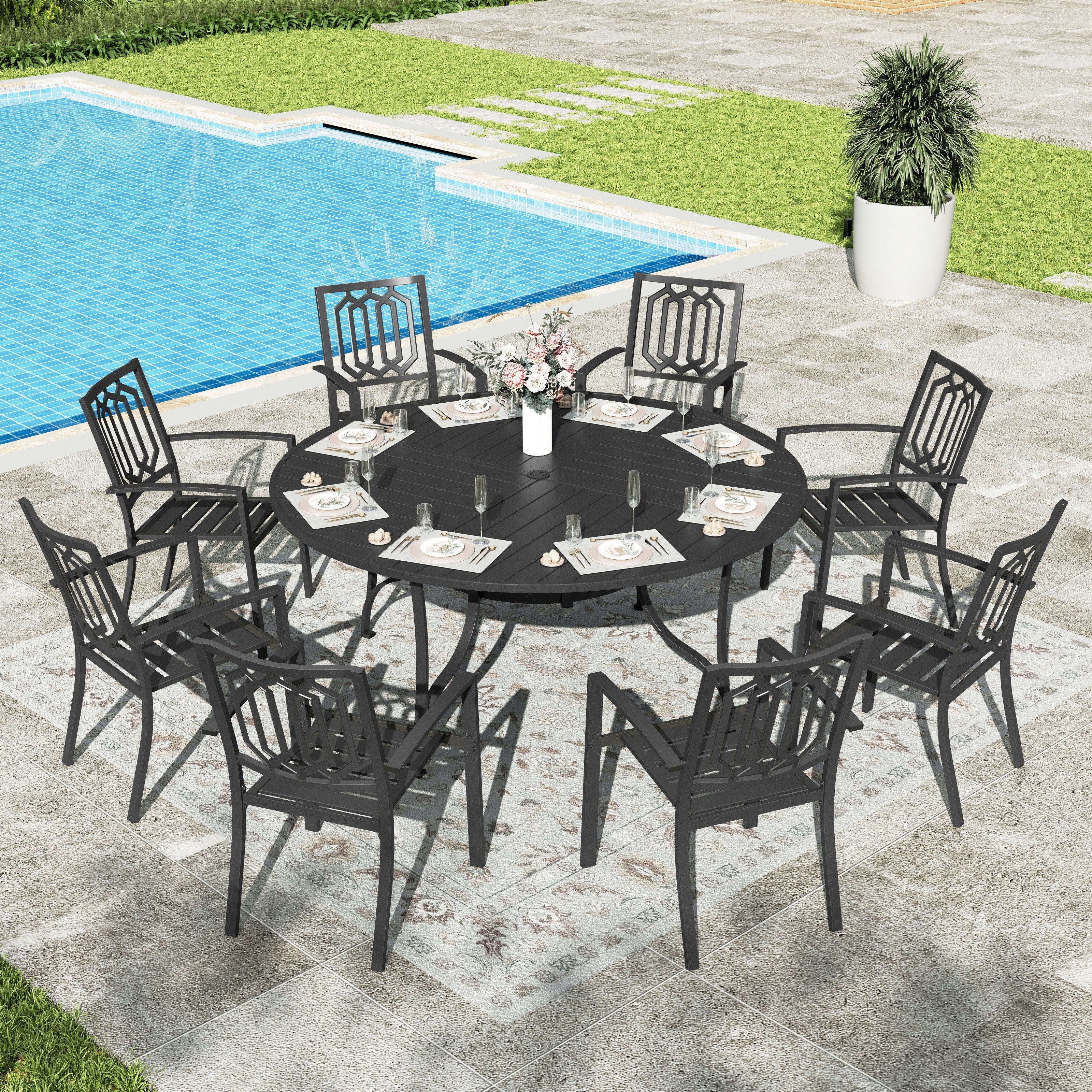 Sophia & William 9 Piece Outdoor Patio Dining Sets Metal Patio 67" Round Table and Black Stackable Chairs Furniture Set for 8-Person