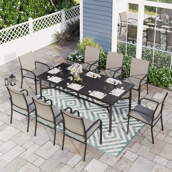 Sophia & William 9-Piece Outdoor Patio Dining Set Metal Steel Rectangular Table Set with 8 Textilene Chairs, Brown