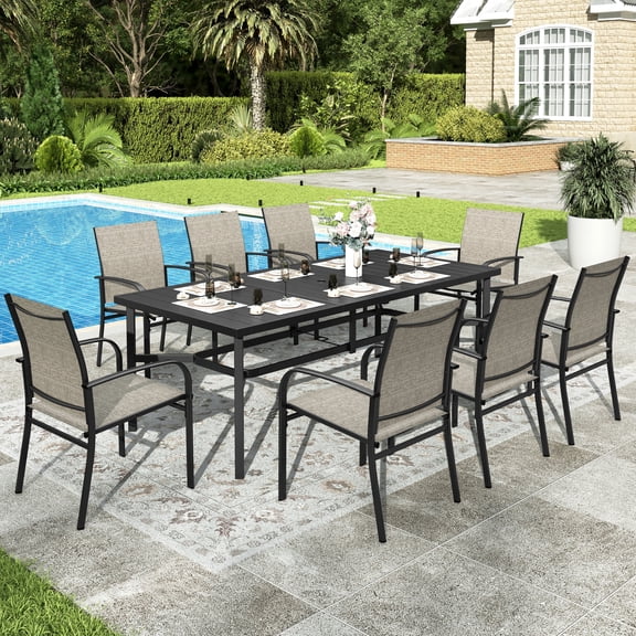 Sophia & William 9-Piece Outdoor Patio Dining Set Metal Steel Rectangular Table Set with 8 Textilene Chairs, Brown