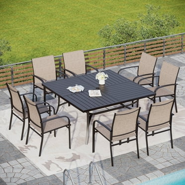 Sophia & William 9-Piece Patio Dining Set Outdoor Metal Square Table Set with 8 Brown Textilene Patio Chairs, Brown