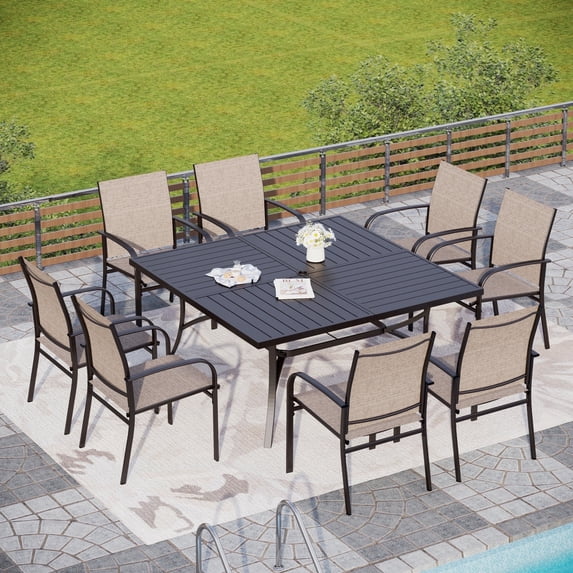 Sophia & William 9-Piece Patio Dining Set Outdoor Metal Square Table Set with 8 Brown Textilene Stackable Chairs Furniture Set, Brown