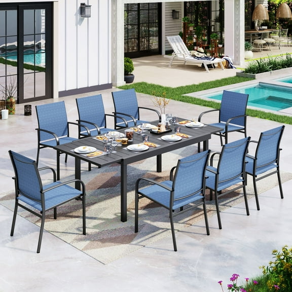 Sophia & William 9-Piece Patio Dining Set Outdoor Expandable Metal Patio Dining Table Set with 8 Blue Textilene Chairs